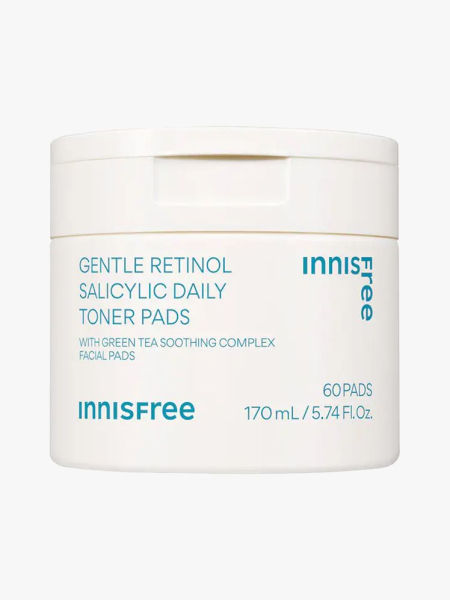 Innisfree Gentle Retinol Salicylic Daily Toner Pads in branded tub component ona  light gray background