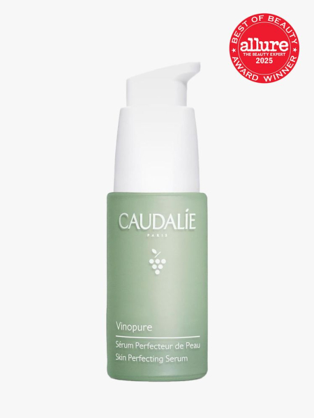 Caudalie Vinopure Natural Salicylic Acid Pore Minimizing Serum in branded component on a light gray background with the best of beauty 2025 seal in the top right corner